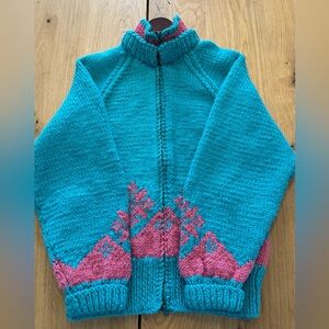 90s Hand-Knitted Snowflake Cardigan Teal & Pink Chunky Full-Zip Sweater